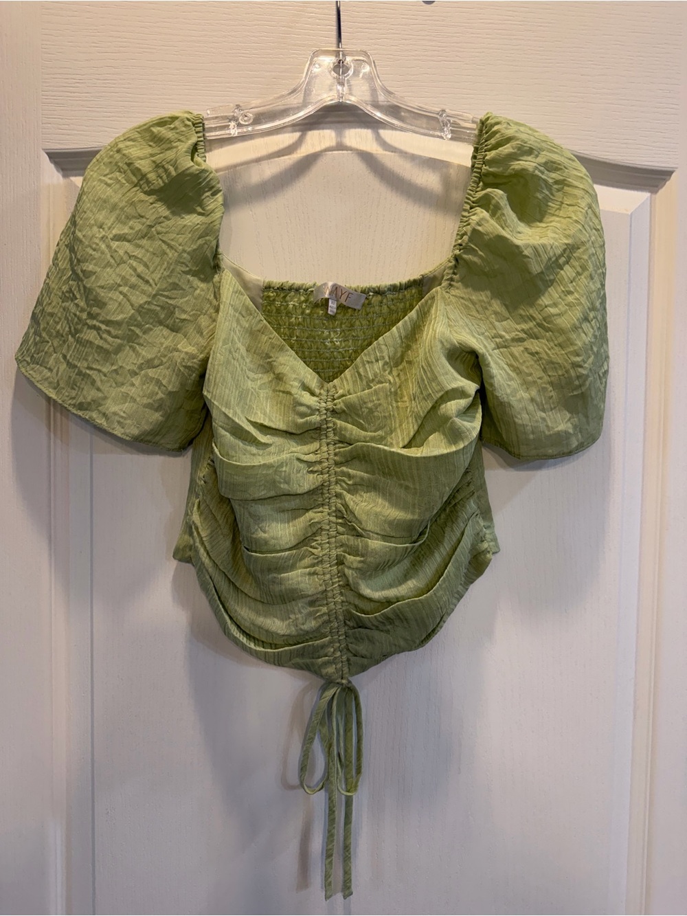 Wayf Sage Green Puff-Sleeve Ruched Drawstring Top